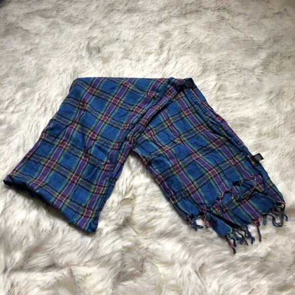 Maurices Blue Checkered Plaid Fringe Western Scarf - Picture 2 of 7